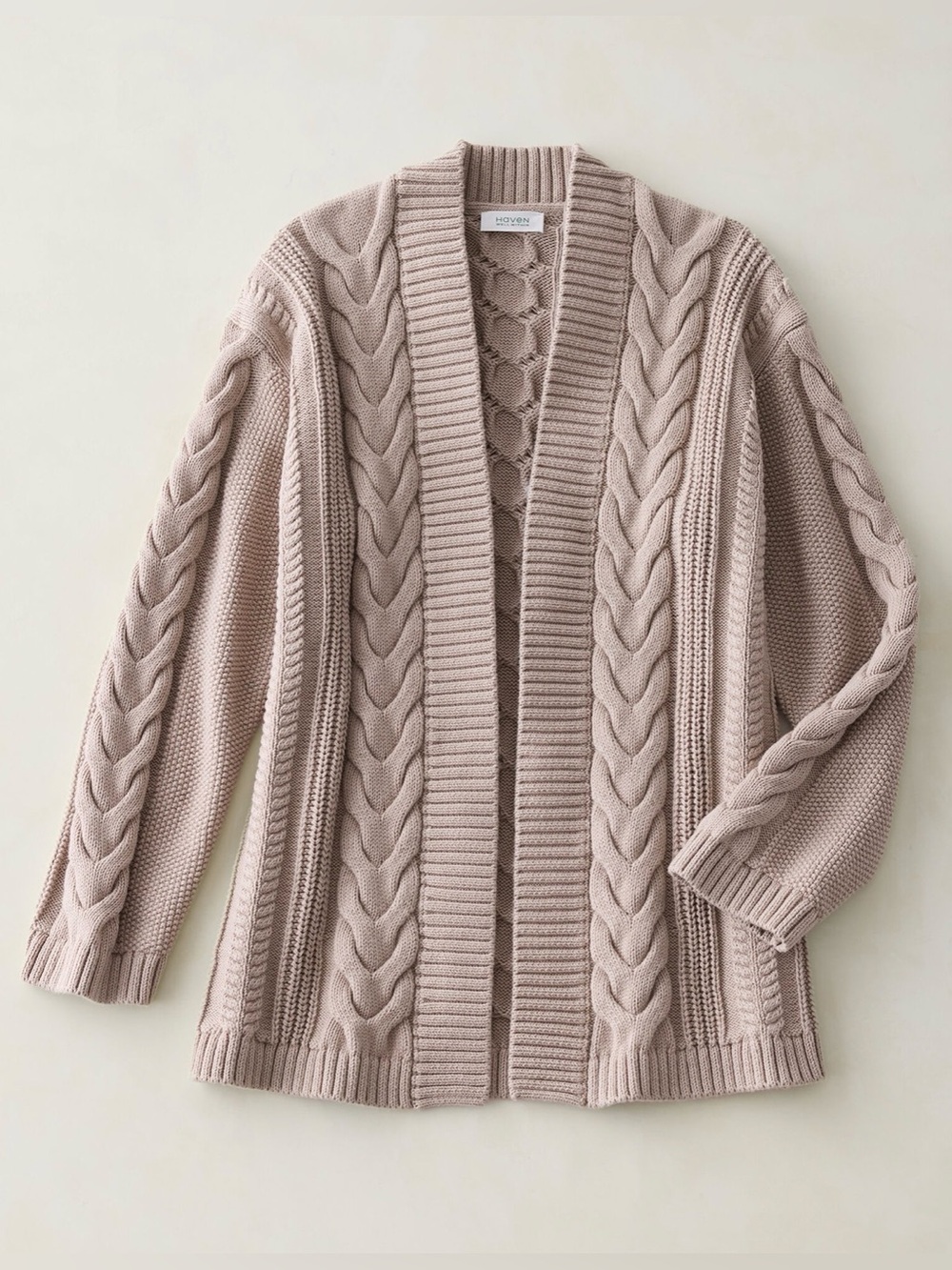 Haven Well Within Chunky Cable-Knit Open Cardigan - Taupe 100% Organic‎ Cotton S